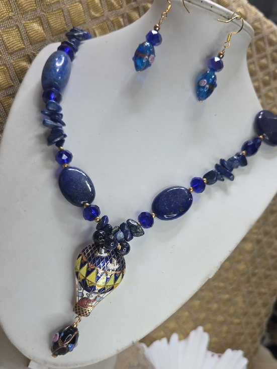 Artisan Jewelry - Vintage cloisonne Pendant lapis Lazuli Necklace Wedding Cake 925 Earrings